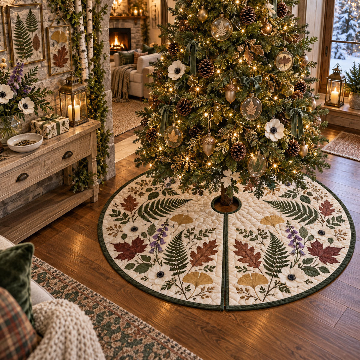 One tree skirt with a welcoming woodland cottage entry, mossy stone arch, birch trunks, pale-oak console, ceramic key bowl, tied botanical gift box, warm forest path, pressed fern, maple, oak and ginkgo leaves, brass lanterns and a blank parchment name plaque.