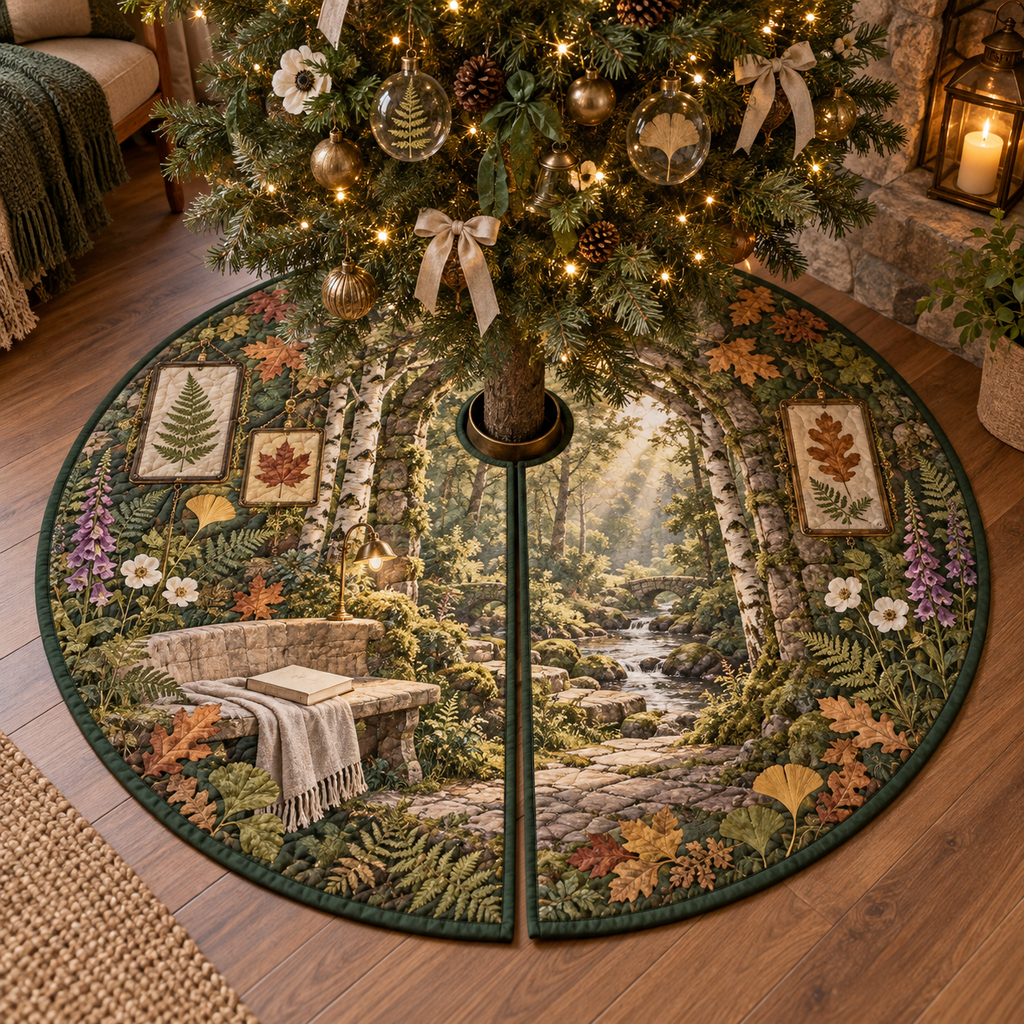 One tree skirt with a serene woodland retreat, mossy stone arch, birch trunks, curved pale-oak bench, folded linen throw, closed blank-cover book, gentle forest stream, pressed fern, maple, oak and ginkgo leaves, brass reading lamp and a blank parchment name plaque.