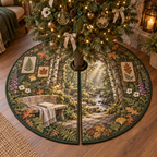 One tree skirt with a serene woodland retreat, mossy stone arch, birch trunks, curved pale-oak bench, folded linen throw, closed blank-cover book, gentle forest stream, pressed fern, maple, oak and ginkgo leaves, brass reading lamp and a blank parchment name plaque.