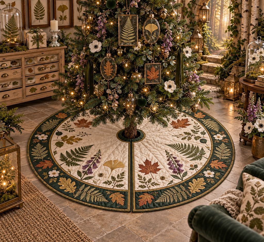 One tree skirt with a celebratory woodland conservatory, mossy stone arch, birch trunks, pale-oak specimen cabinet, wrapped botanical gift, unlit candle, glowing forest path, rare pressed fern, maple, oak and ginkgo leaves, brass lanterns and a blank parchment name plaque.