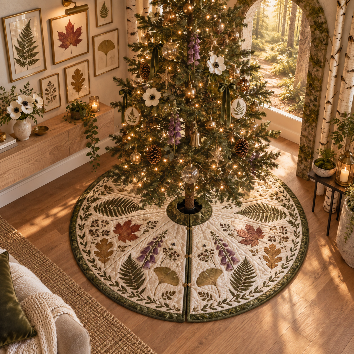 One tree skirt with a sophisticated compact apartment gallery, slim mossy stone arch, pale birch trunks, floating pale-oak shelf, luminous forest path, curated pressed fern, maple, oak and ginkgo leaves, brass picture lamp and a blank parchment name plaque.