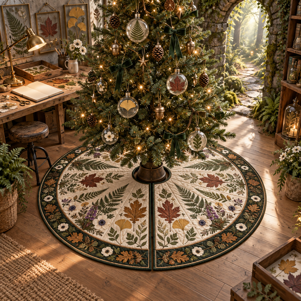 One tree skirt with a creative botanical hobby studio, mossy stone arch, pale-oak workbench, specimen trays, luminous forest path, layered pressed fern, maple, oak and ginkgo leaves, antique brass task lamp and a blank parchment name plaque.