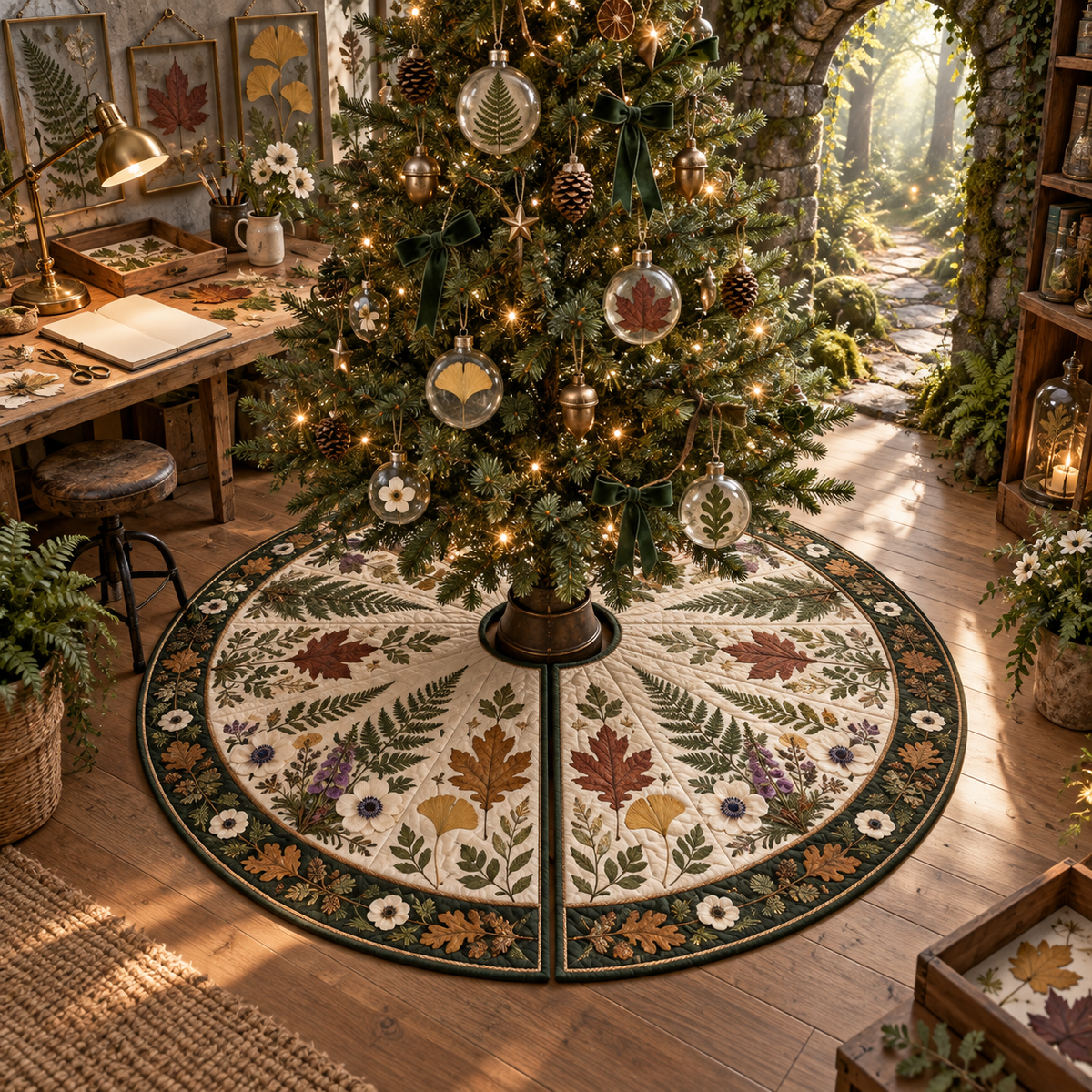 One tree skirt with a creative botanical hobby studio, mossy stone arch, pale-oak workbench, specimen trays, luminous forest path, layered pressed fern, maple, oak and ginkgo leaves, antique brass task lamp and a blank parchment name plaque.