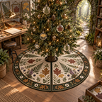 One tree skirt with a creative botanical hobby studio, mossy stone arch, pale-oak workbench, specimen trays, luminous forest path, layered pressed fern, maple, oak and ginkgo leaves, antique brass task lamp and a blank parchment name plaque.