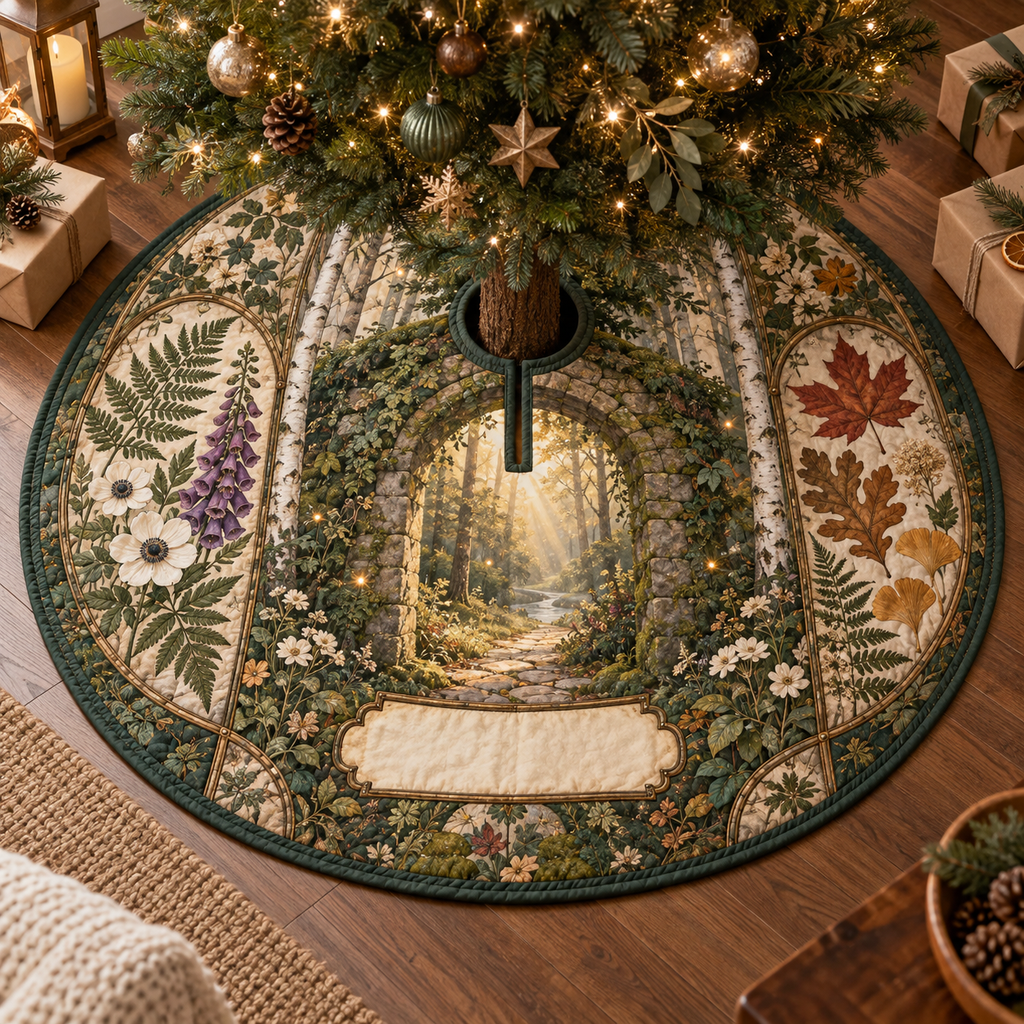 One tree skirt with a gracious woodland welcome, mossy stone arch, pale birch trunks, luminous forest path, pressed fern, maple, oak and ginkgo leaves, antique botanical glass panels and a blank parchment name plaque.