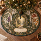 One tree skirt with a gracious woodland welcome, mossy stone arch, pale birch trunks, luminous forest path, pressed fern, maple, oak and ginkgo leaves, antique botanical glass panels and a blank parchment name plaque.