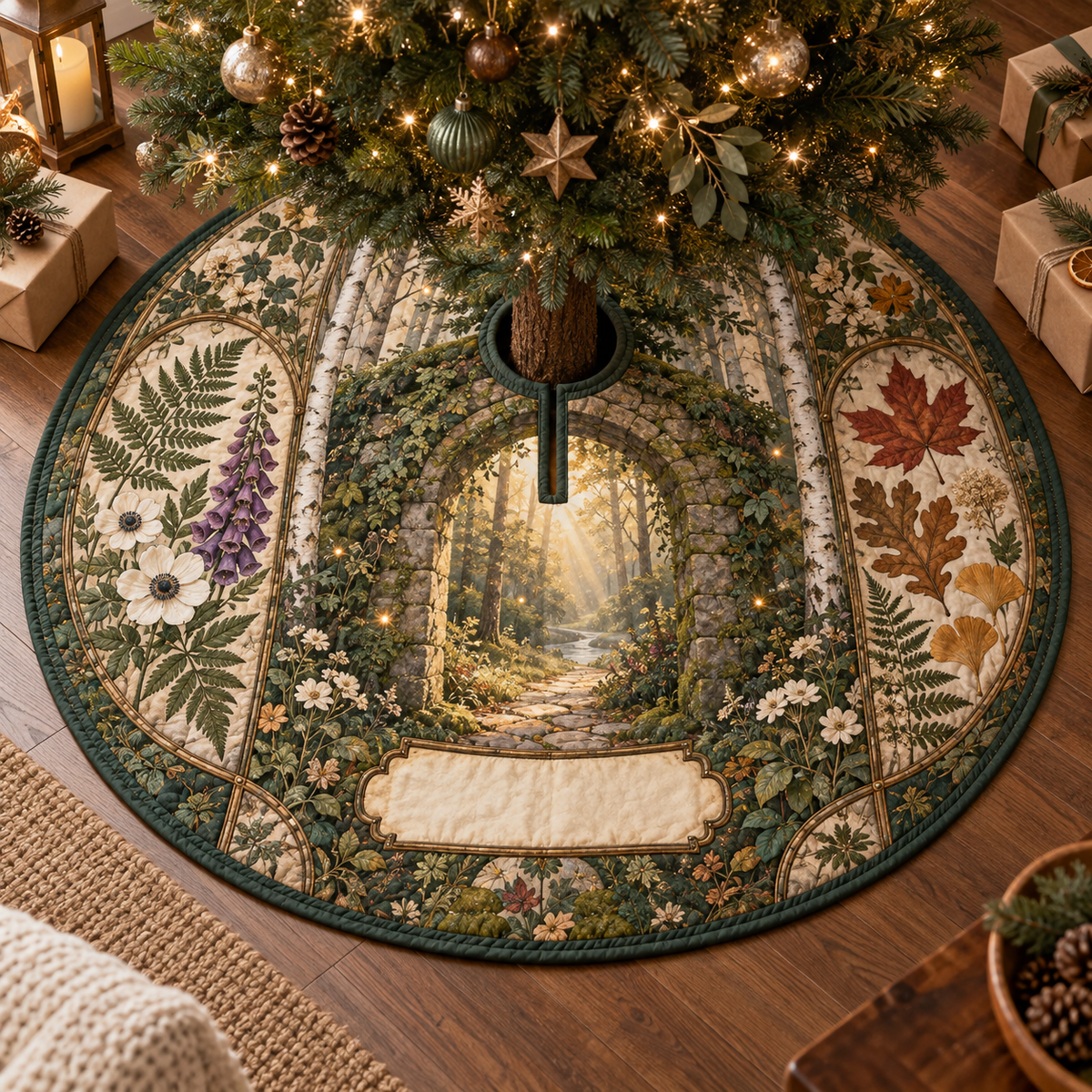 One tree skirt with a gracious woodland welcome, mossy stone arch, pale birch trunks, luminous forest path, pressed fern, maple, oak and ginkgo leaves, antique botanical glass panels and a blank parchment name plaque.
