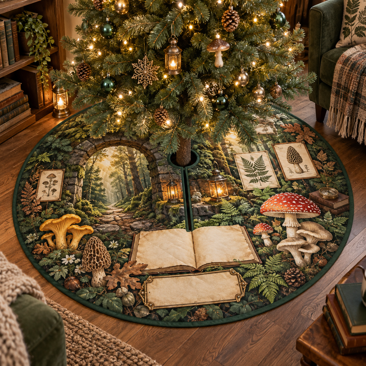One tree skirt with a mossy stone reading alcove, luminous forest path, blank field journal, botanical specimen frames, chanterelle, fly agaric, morel and oyster mushrooms, fern, oak leaves, amber lanterns and a blank parchment name plaque.