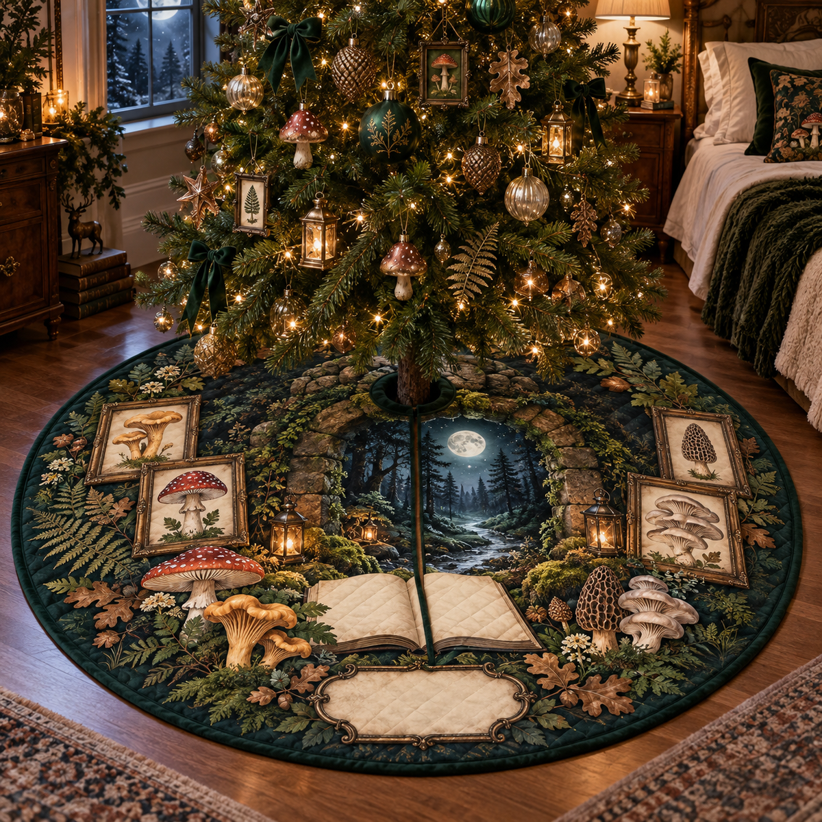 One tree skirt with a grand moss-covered stone arch, moonlit woodland path, blank field journal, botanical specimen frames, chanterelle, fly agaric, morel and oyster mushrooms, amber lanterns and a blank parchment name plaque.