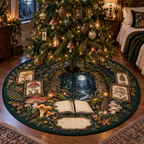 One tree skirt with a grand moss-covered stone arch, moonlit woodland path, blank field journal, botanical specimen frames, chanterelle, fly agaric, morel and oyster mushrooms, amber lanterns and a blank parchment name plaque.