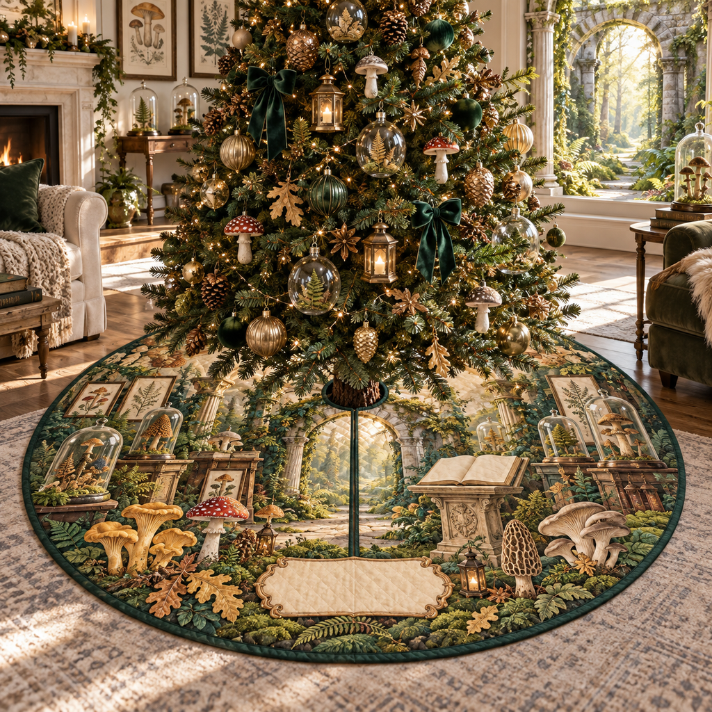 One tree skirt with a monumental mossy stone arch, luminous woodland path, blank field journal on a carved pedestal, botanical specimen frames, woodland mushrooms, glass cloches, amber lanterns and a blank parchment name plaque.