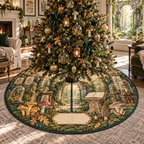 One tree skirt with a monumental mossy stone arch, luminous woodland path, blank field journal on a carved pedestal, botanical specimen frames, woodland mushrooms, glass cloches, amber lanterns and a blank parchment name plaque.