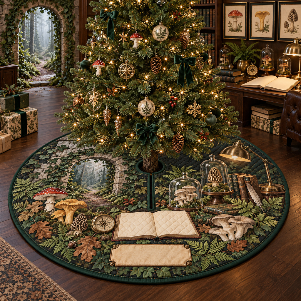 One tree skirt with an ivy-covered stone study arch, misty woodland trail, blank field journal, brass-framed mushroom specimen plates, woodland mushrooms, vintage compass, glass cloches and a blank parchment name plaque.
