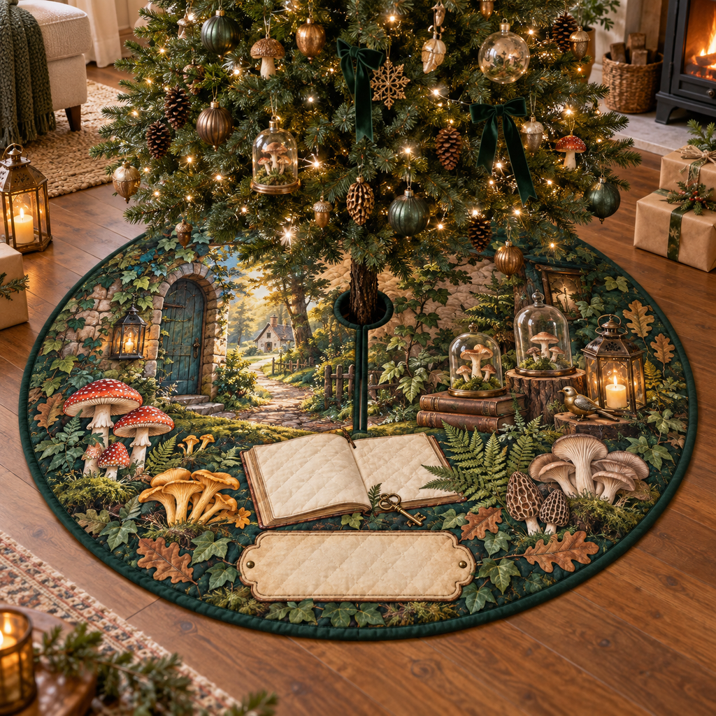 One tree skirt with an ivy-covered stone doorway, sunlit forest cottage path, blank field journal, mushroom specimen frames, woodland mushrooms, brass house key, glass cloches, amber lanterns and a blank parchment name plaque.