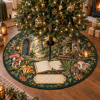 One tree skirt with an ivy-covered stone doorway, sunlit forest cottage path, blank field journal, mushroom specimen frames, woodland mushrooms, brass house key, glass cloches, amber lanterns and a blank parchment name plaque.