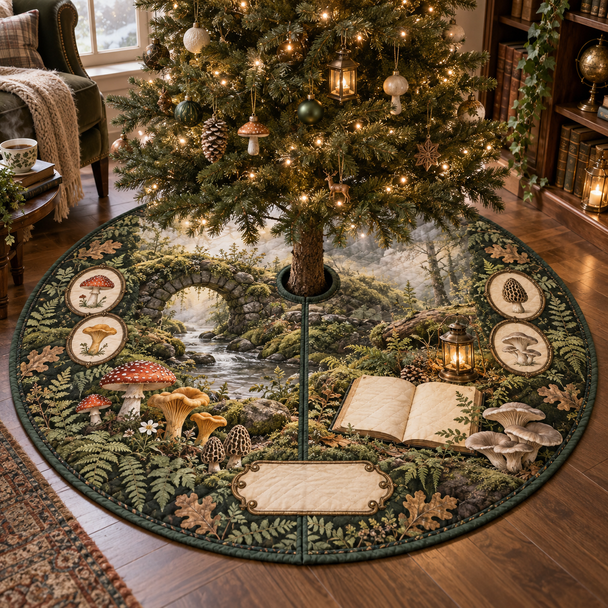 One tree skirt with a tranquil mossy stone arch, gentle stream, blank field journal, small mushroom specimen frames, woodland mushrooms, soft ferns, oak leaves, amber lantern and a blank parchment name plaque.