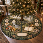 One tree skirt with a tranquil mossy stone arch, gentle stream, blank field journal, small mushroom specimen frames, woodland mushrooms, soft ferns, oak leaves, amber lantern and a blank parchment name plaque.