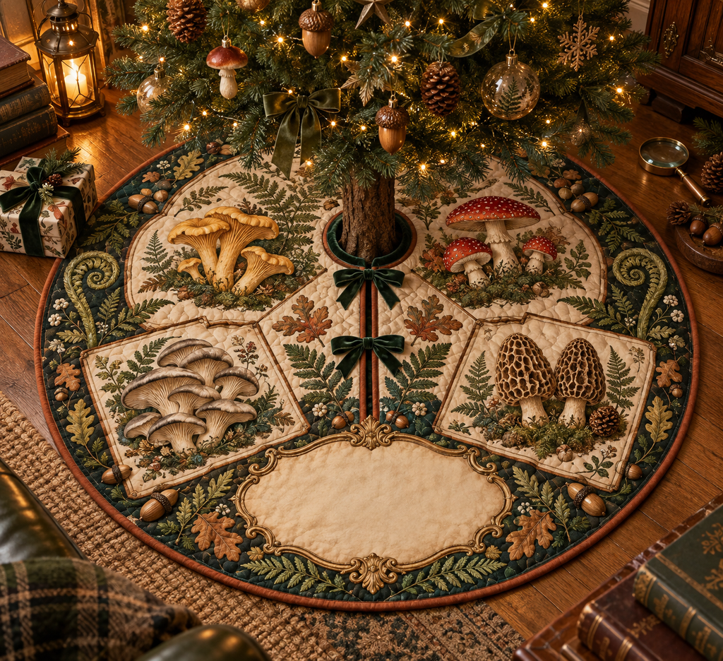 One tree skirt with a blank field journal, mushroom specimen frames, woodland mushrooms, ferns, oak leaves, antique magnifying glass, tiny wrapped gift, amber lantern and blank parchment name plaque.