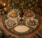 One tree skirt with a blank field journal, mushroom specimen frames, woodland mushrooms, ferns, oak leaves, antique magnifying glass, tiny wrapped gift, amber lantern and blank parchment name plaque.