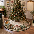 One tree skirt with a blank field journal, five framed mushroom studies, layered ferns, oak leaves and a blank parchment name plaque in a refined apartment gallery style.