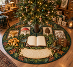One tree skirt with a blank field journal, mushroom specimen frames, woodland mushrooms, artist brushes, specimen drawers, magnifying glass and blank parchment name plaque.
