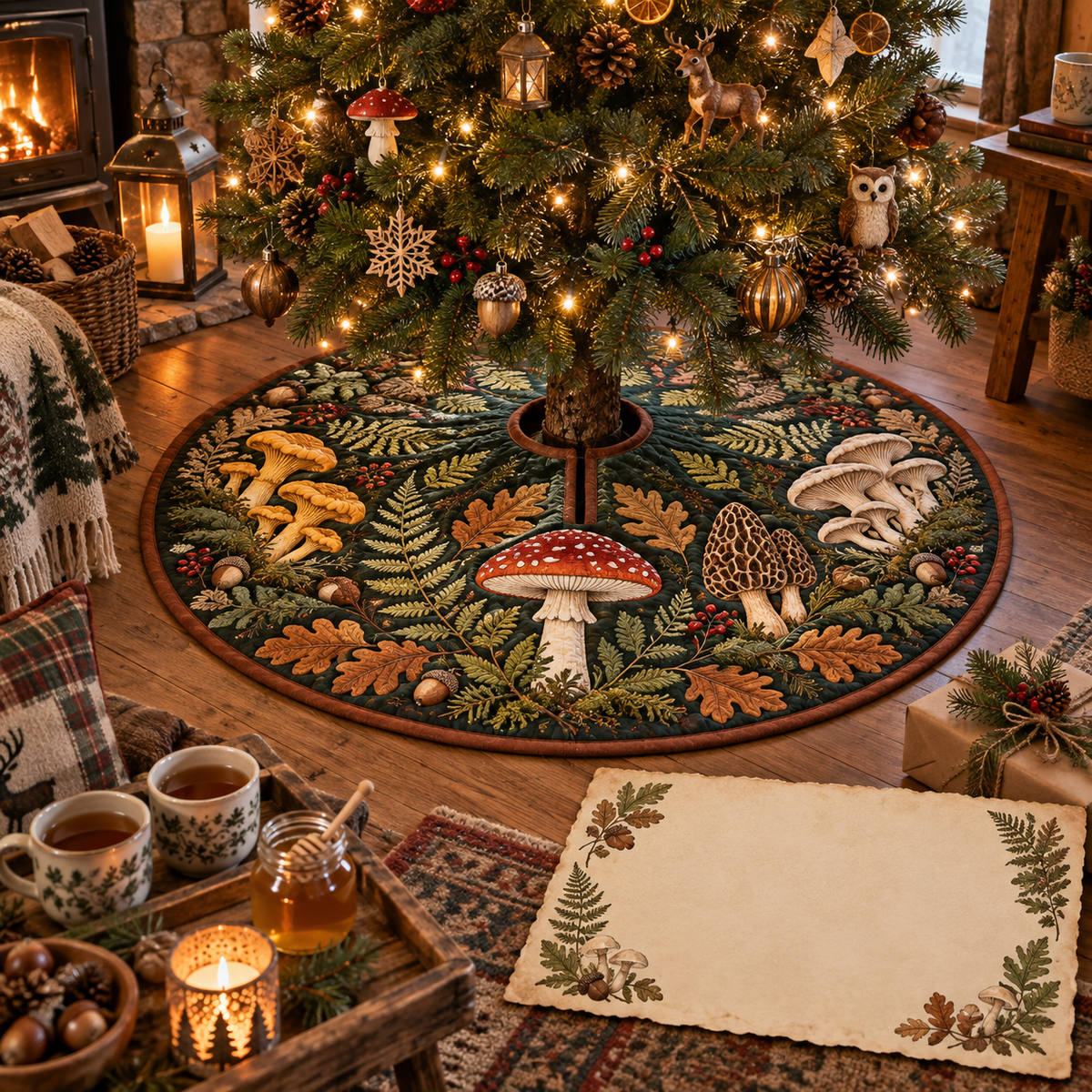 One tree skirt with a blank field journal, mushroom studies, woodland mushrooms, tea cups, honey jar, botanical gift sprig, amber lantern and blank parchment name plaque.