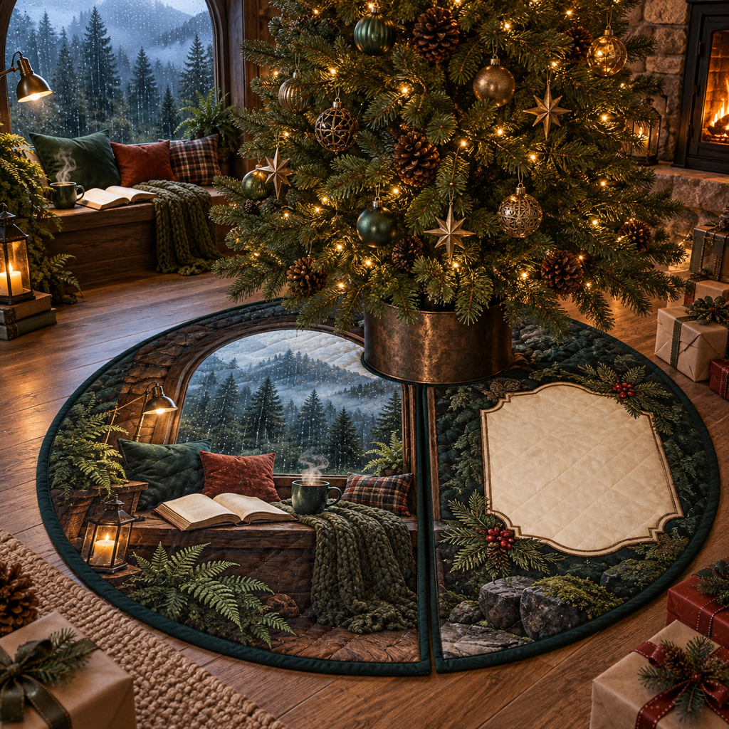 One tree skirt with a rain-speckled arched window overlooking a misty evergreen forest, cushioned reading bench, blank open book, steaming mug, knit throw, brass lamp and blank parchment name plaque.