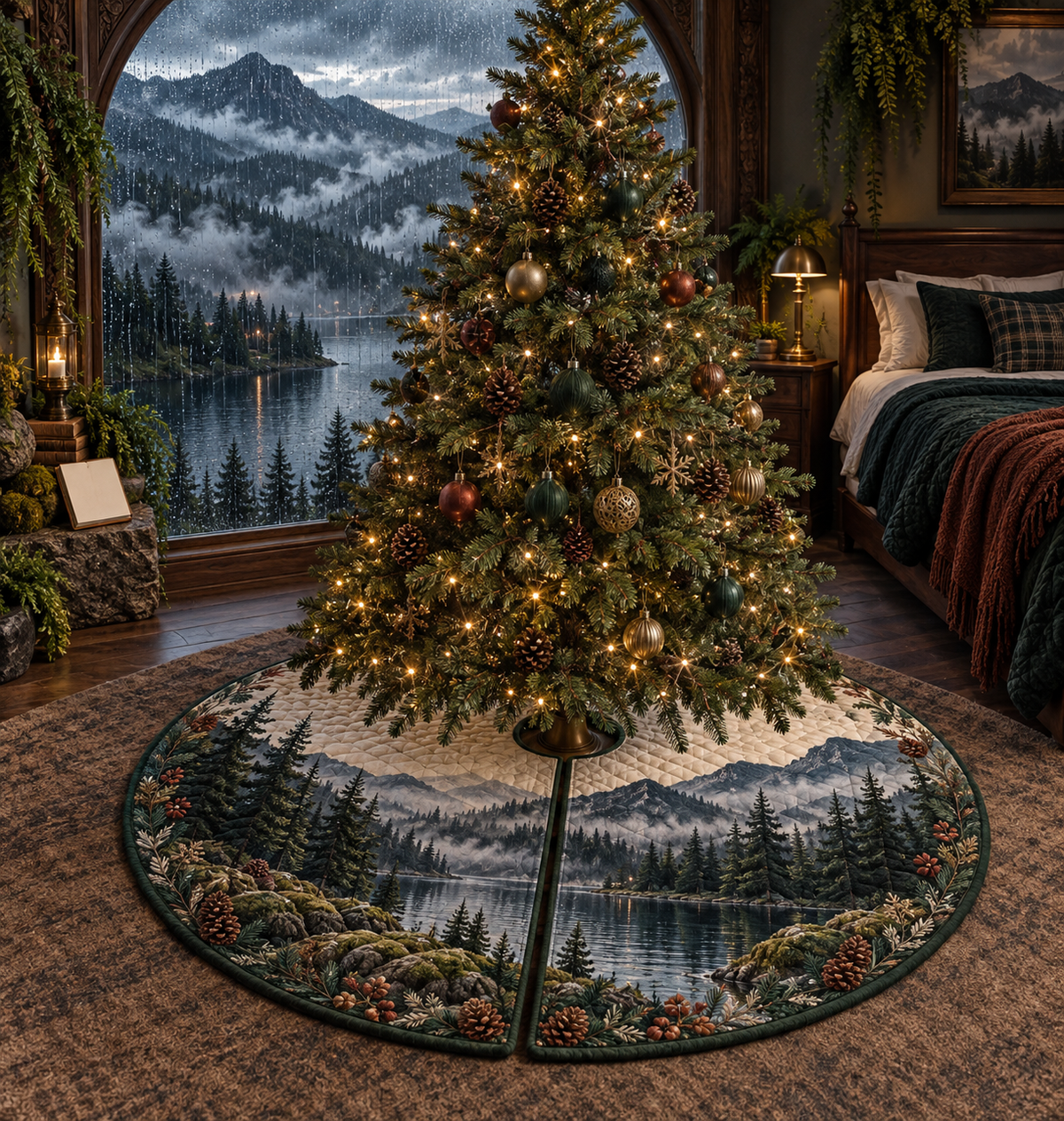 One tree skirt with a floor-to-ceiling rain-speckled arched window overlooking misty evergreen mountains and a dark reflective lake, ferns, warm brass lamp and blank parchment name plaque.