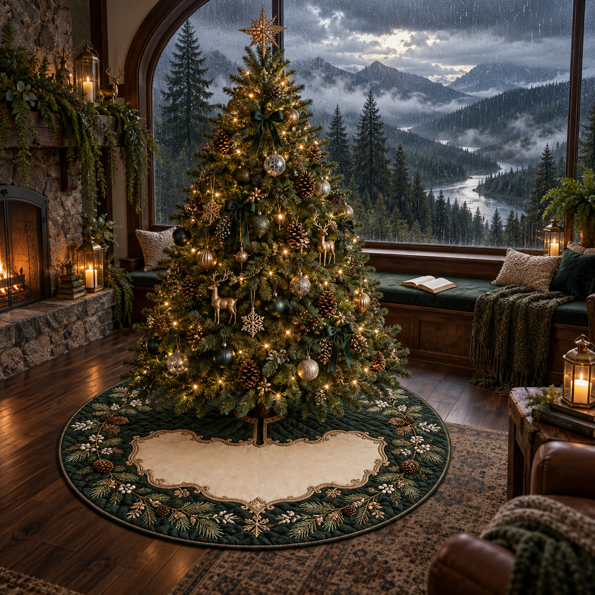 One tree skirt with a grand panoramic rain-speckled arched window overlooking a misty evergreen valley, silver river and distant mountains, brass lanterns and blank parchment name plaque.