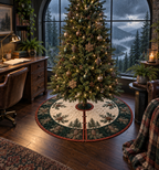 One tree skirt with a rain-covered arched window overlooking a misty pine forest and river, a walnut writing desk, blank notebook and parchment name plaque.