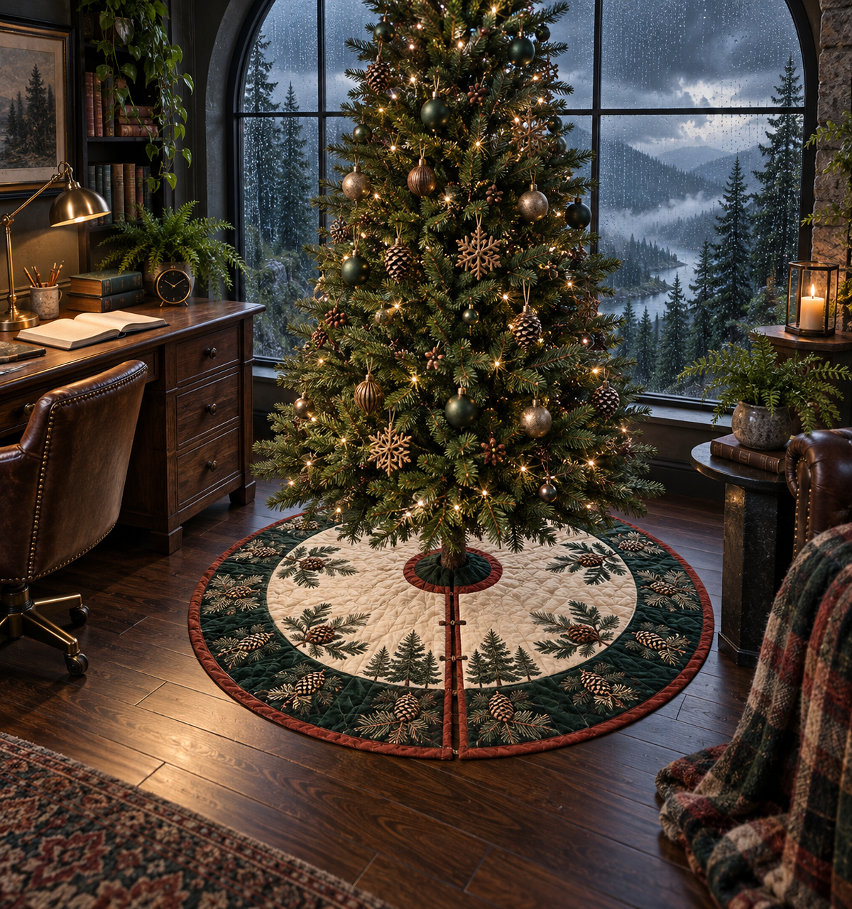 One tree skirt with a rain-covered arched window overlooking a misty pine forest and river, a walnut writing desk, blank notebook and parchment name plaque.