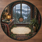 One tree skirt with a rainy arched window, misty pine forest, warm lantern, house key charm and blank parchment name plaque.