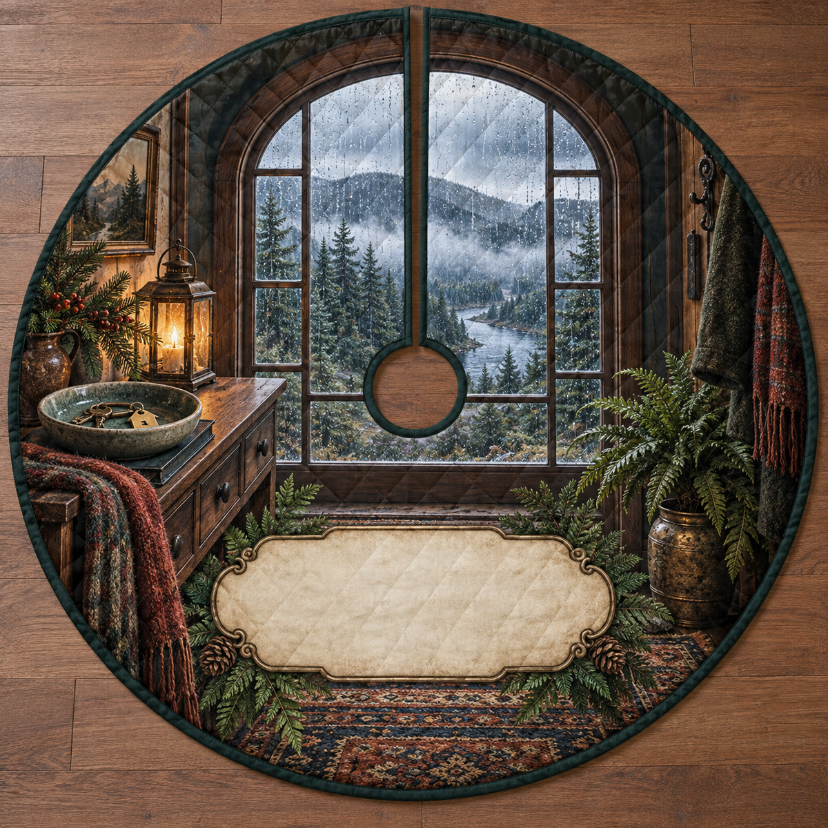 One tree skirt with a rainy arched window, misty pine forest, warm lantern, house key charm and blank parchment name plaque.
