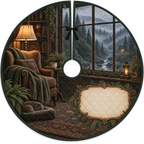 One tree skirt with a rain-beaded cottage window, foggy evergreens, reading chair, amber lamp and blank parchment name plaque.