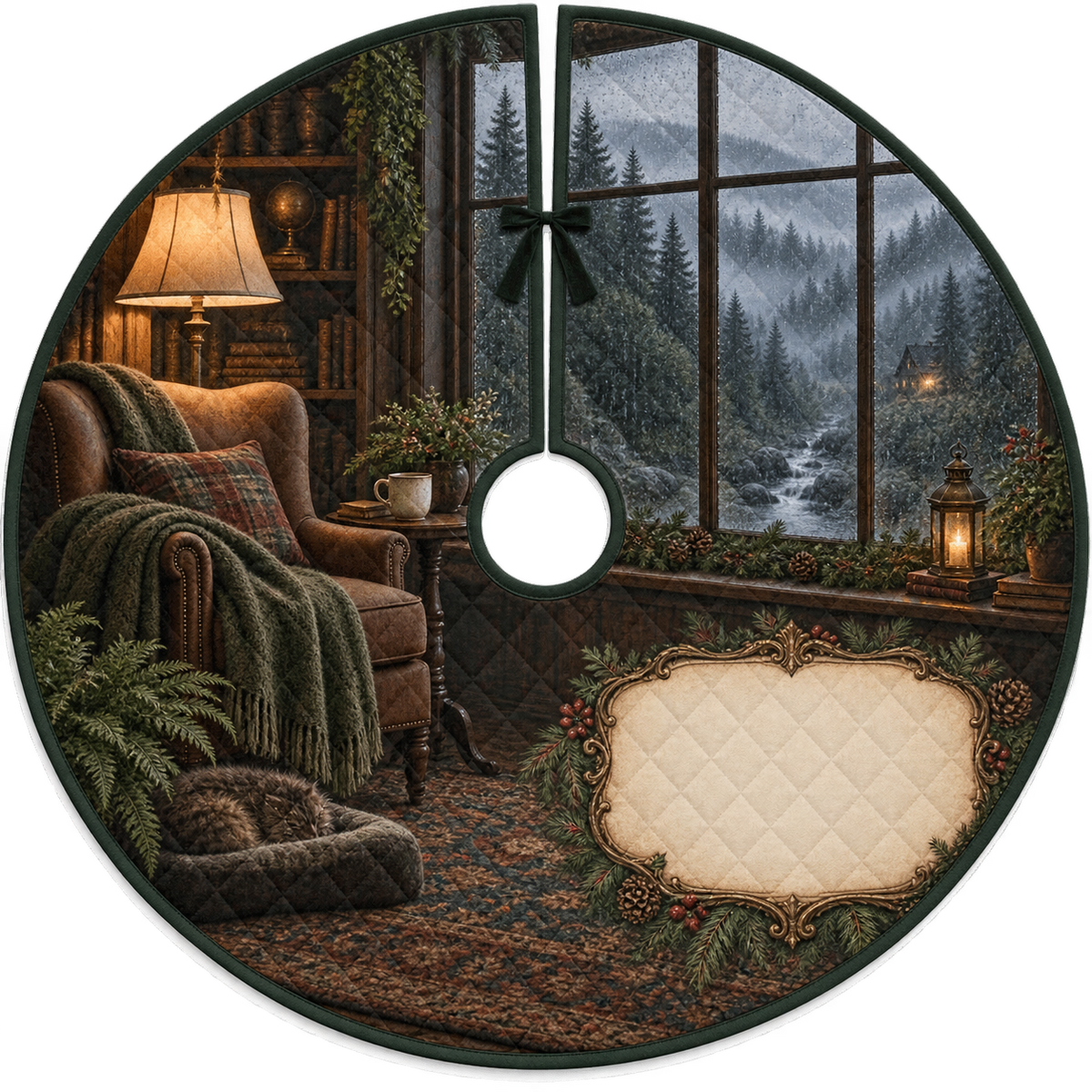 One tree skirt with a rain-beaded cottage window, foggy evergreens, reading chair, amber lamp and blank parchment name plaque.