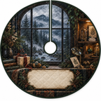One tree skirt with a rain-streaked forest window, curated botanical specimens, polished stones, wrapped gift and blank parchment name plaque.