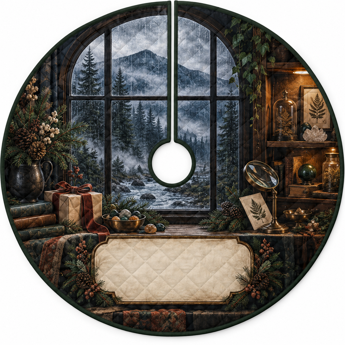One tree skirt with a rain-streaked forest window, curated botanical specimens, polished stones, wrapped gift and blank parchment name plaque.
