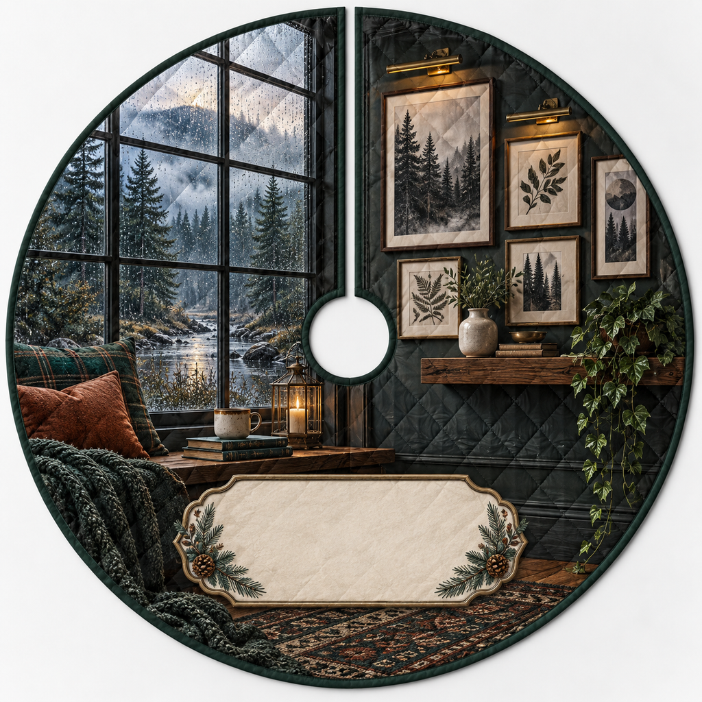 One tree skirt with a rain-beaded loft window, misty pine creek, botanical gallery wall, warm picture lights and blank parchment name plaque.