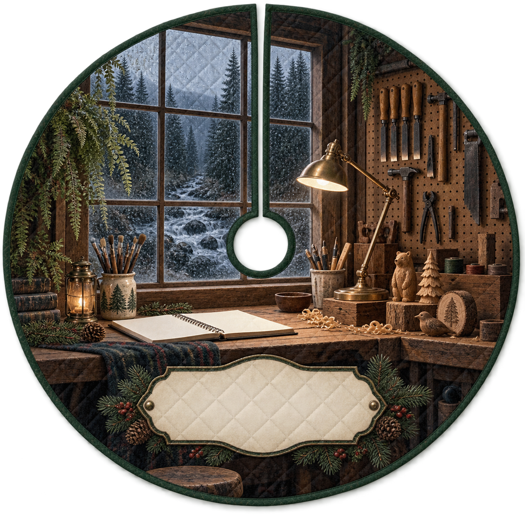 One tree skirt with a rain-speckled workshop window, pine creek, maker tools, brass lamp and blank parchment name plaque.