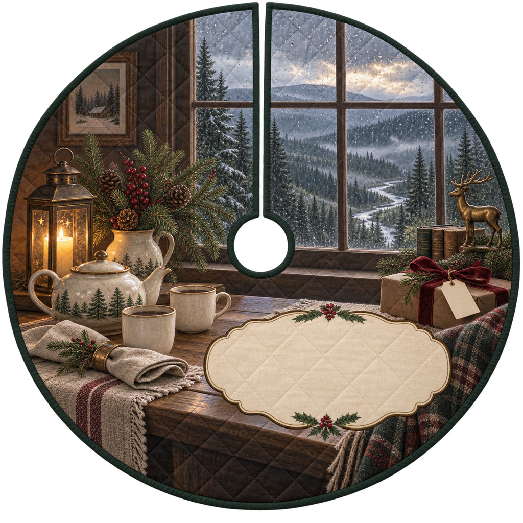 One tree skirt with a rain-dappled forest window, tea service, woodland bouquet, wrapped gift and blank parchment name plaque.