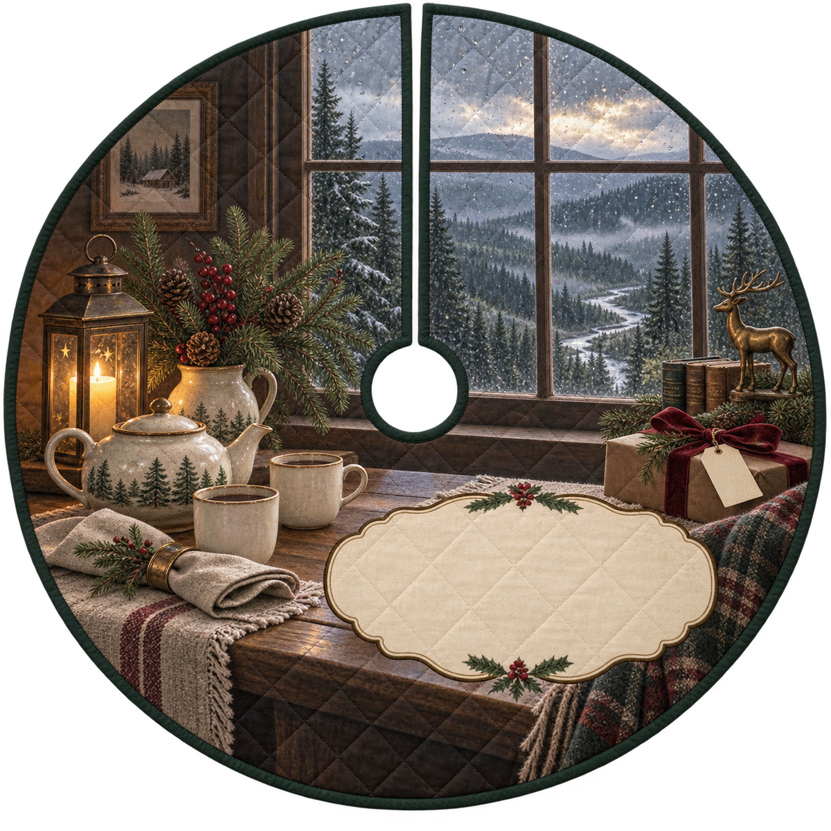 One tree skirt with a rain-dappled forest window, tea service, woodland bouquet, wrapped gift and blank parchment name plaque.