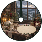 One tree skirt with a rain-dappled forest window, tea service, woodland bouquet, wrapped gift and blank parchment name plaque.