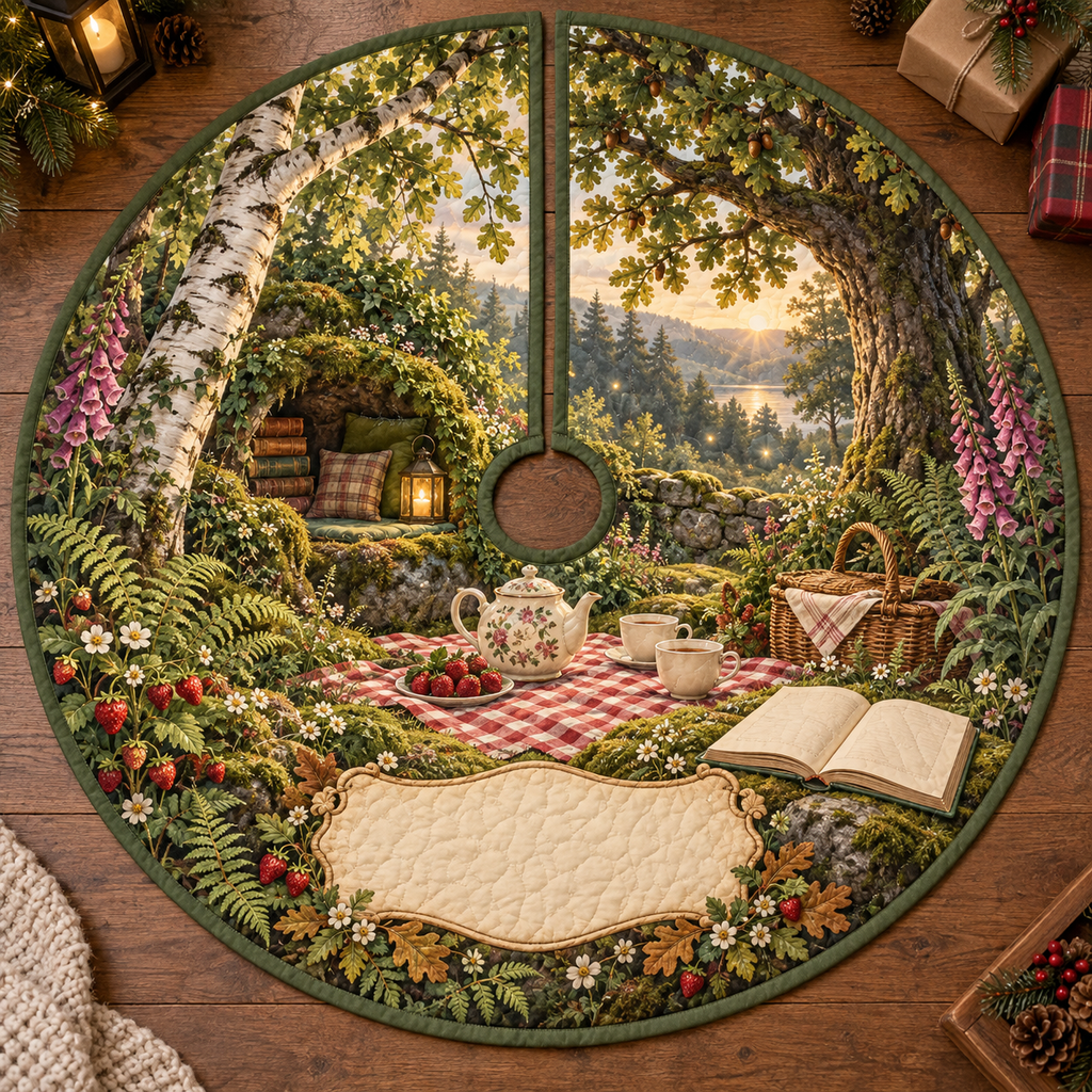 One tree skirt with a woodland tea picnic, mossy reading alcove, wildflowers, strawberries and blank parchment name plaque.