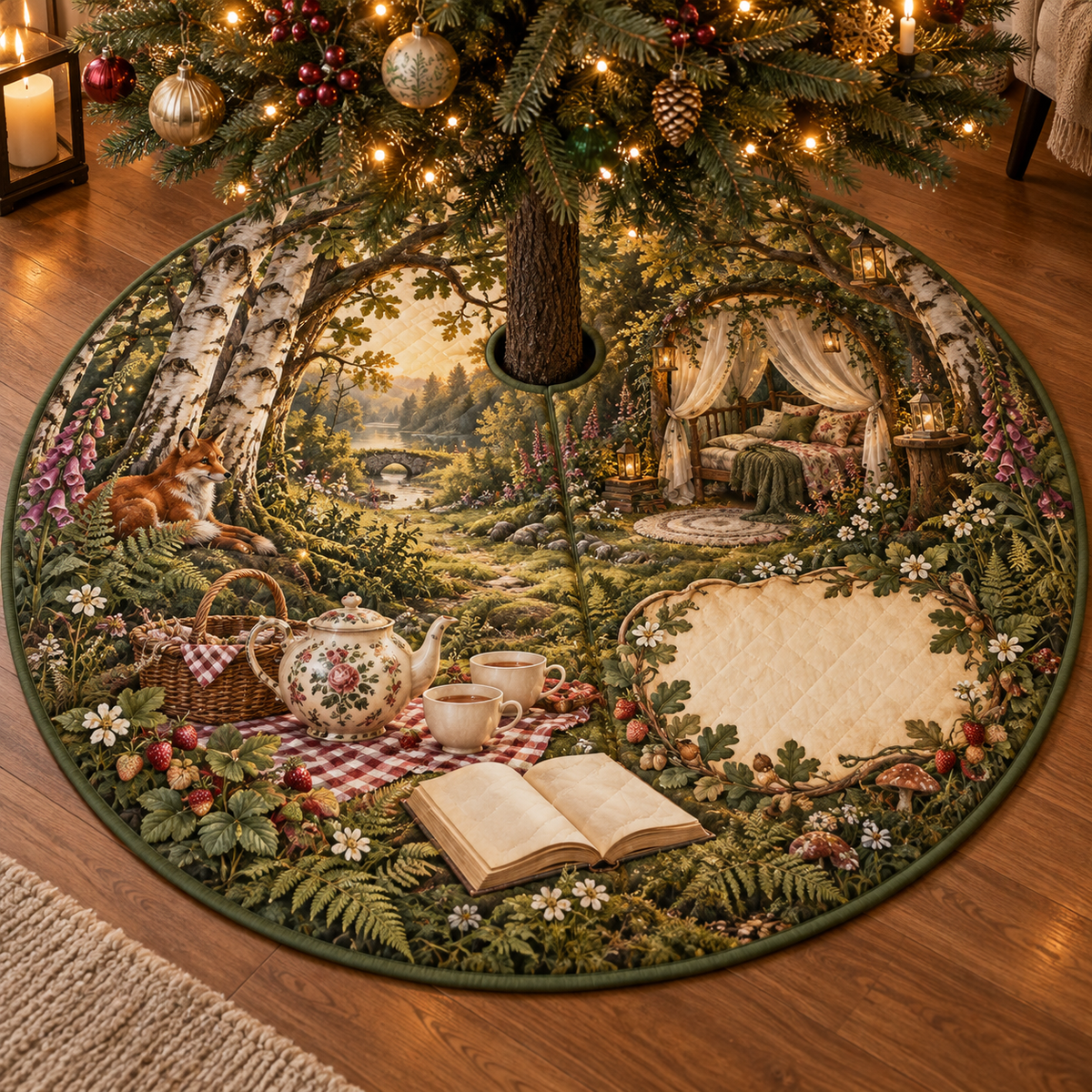 One tree skirt with a woodland tea picnic, dreamy canopy-bed retreat, wildflowers, strawberries and blank parchment name plaque.