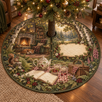 One tree skirt with a woodland tea picnic, stone-fireplace lounge, wildflowers, strawberries and blank parchment name plaque.