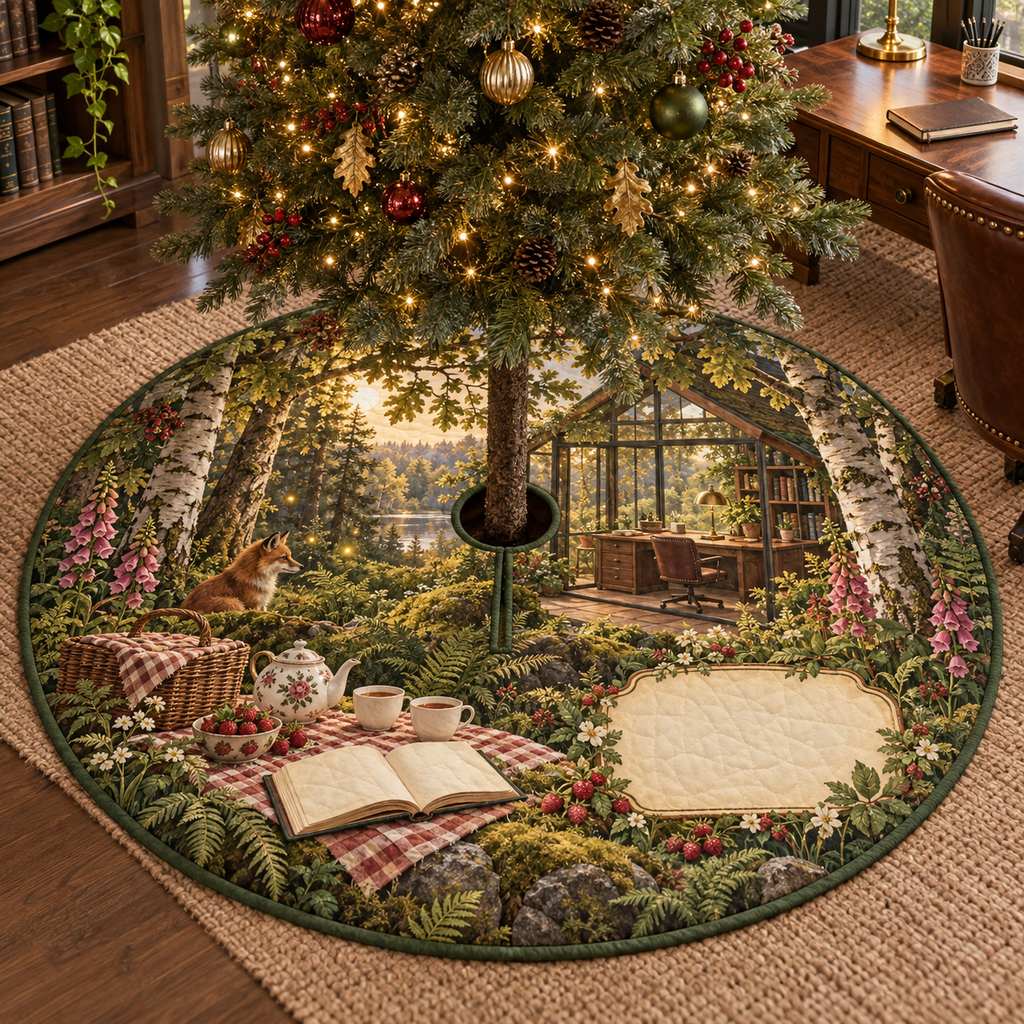 One tree skirt with a woodland tea picnic, glass-walled writing studio, wildflowers, strawberries and blank parchment name plaque.
