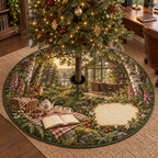 One tree skirt with a woodland tea picnic, glass-walled writing studio, wildflowers, strawberries and blank parchment name plaque.