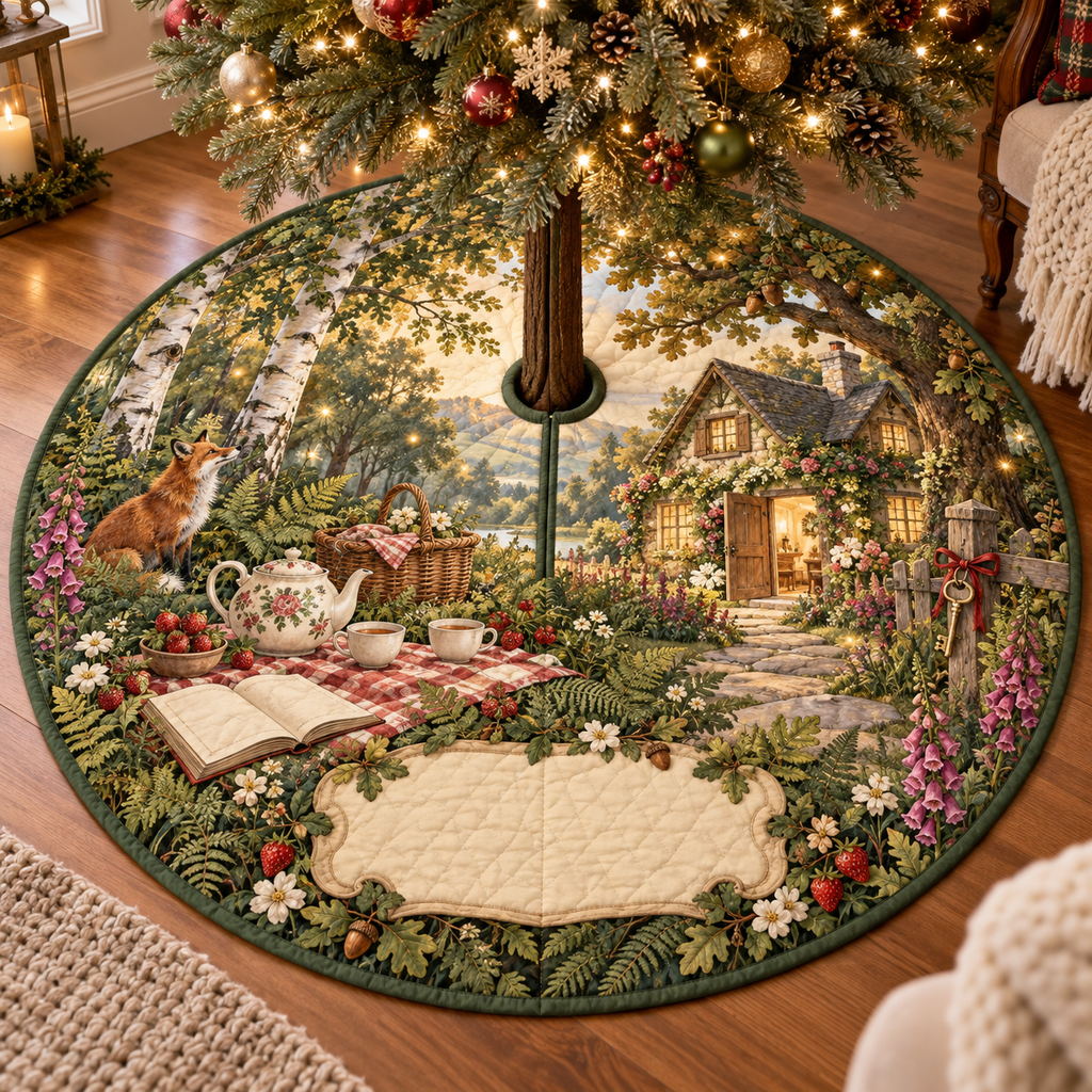 One tree skirt with a woodland tea picnic, welcoming cottage, key, wildflowers, strawberries and blank parchment name plaque.
