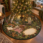 One tree skirt with a woodland tea picnic, lantern-lit window seat, wildflowers, strawberries and blank parchment name plaque.