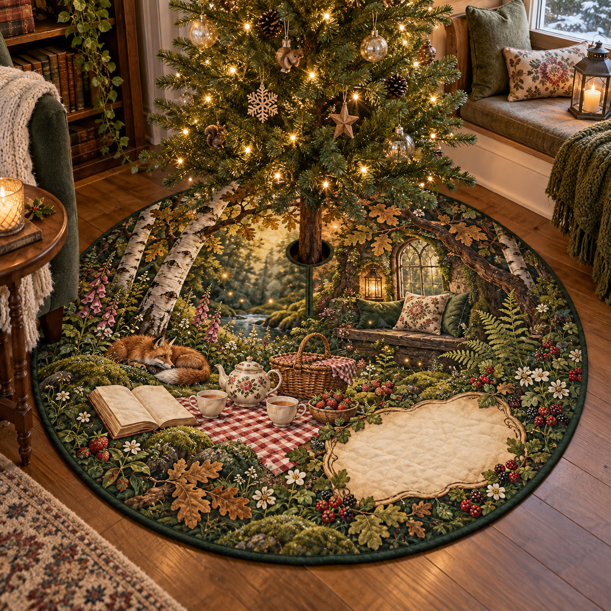 One tree skirt with a woodland tea picnic, lantern-lit window seat, wildflowers, strawberries and blank parchment name plaque.